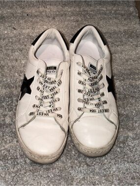 Vintage White Leather Sneakers with Black Script Laces